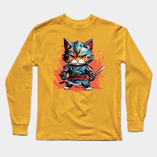 Cute Samurai Kitty Chibi Style Color Splash Design Long Sleeve T-Shirt